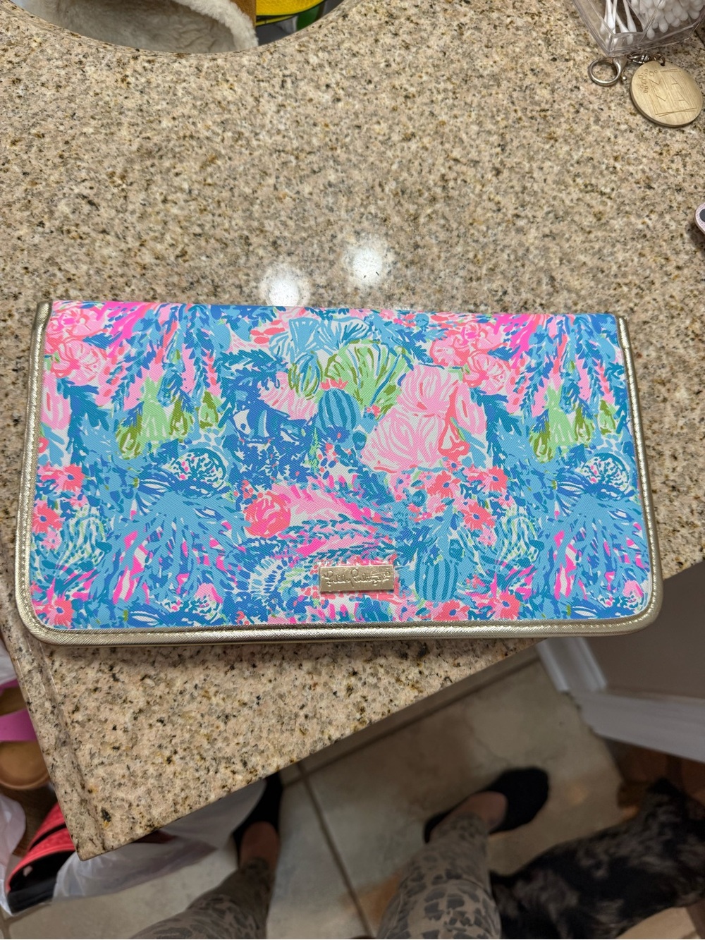 Lilly Pulitzer Blue Pink Green Floral Foldover Clutch with Gold Trim